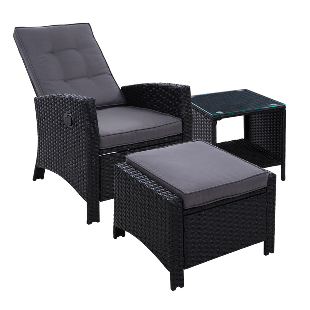 Ross 3-Piece Recliner Chairs Table Wicker Outdoor Furniture Adjustable - Black
