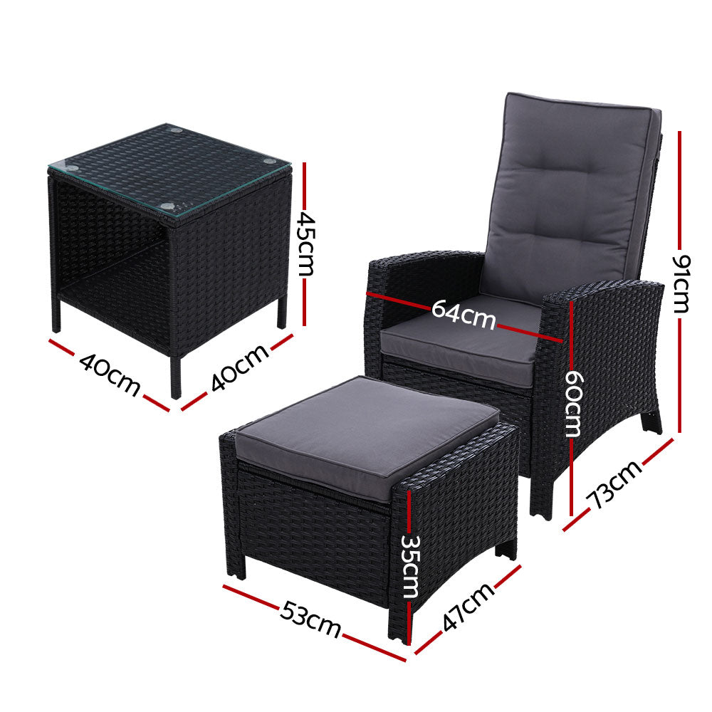 Ross 3-Piece Recliner Chairs Table Wicker Outdoor Furniture Adjustable - Black