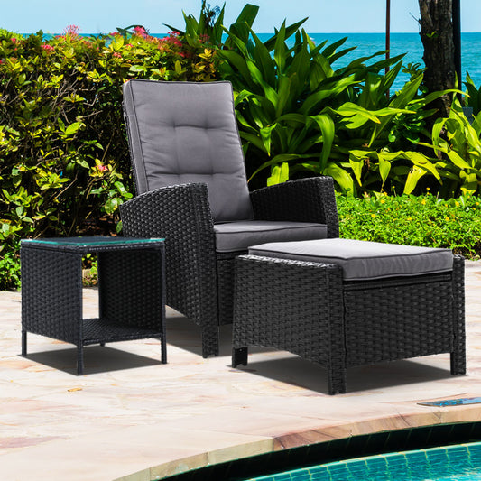 Ross 3-Piece Recliner Chairs Table Sun lounge Wicker Outdoor Furniture Adjustable - Black