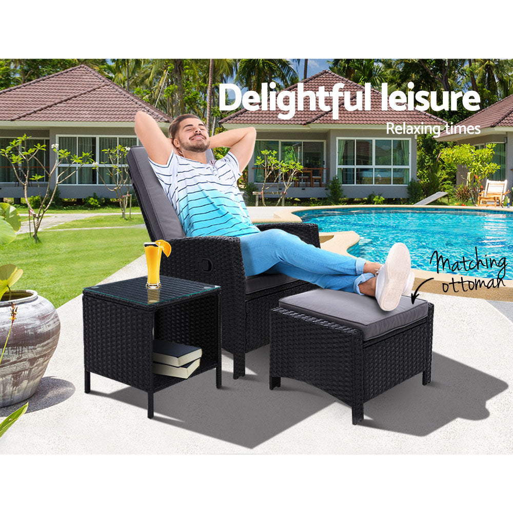 Ross 3-Piece Recliner Chairs Table Wicker Outdoor Furniture Adjustable - Black