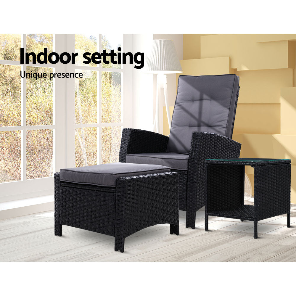 Ross 3-Piece Recliner Chairs Table Wicker Outdoor Furniture Adjustable - Black
