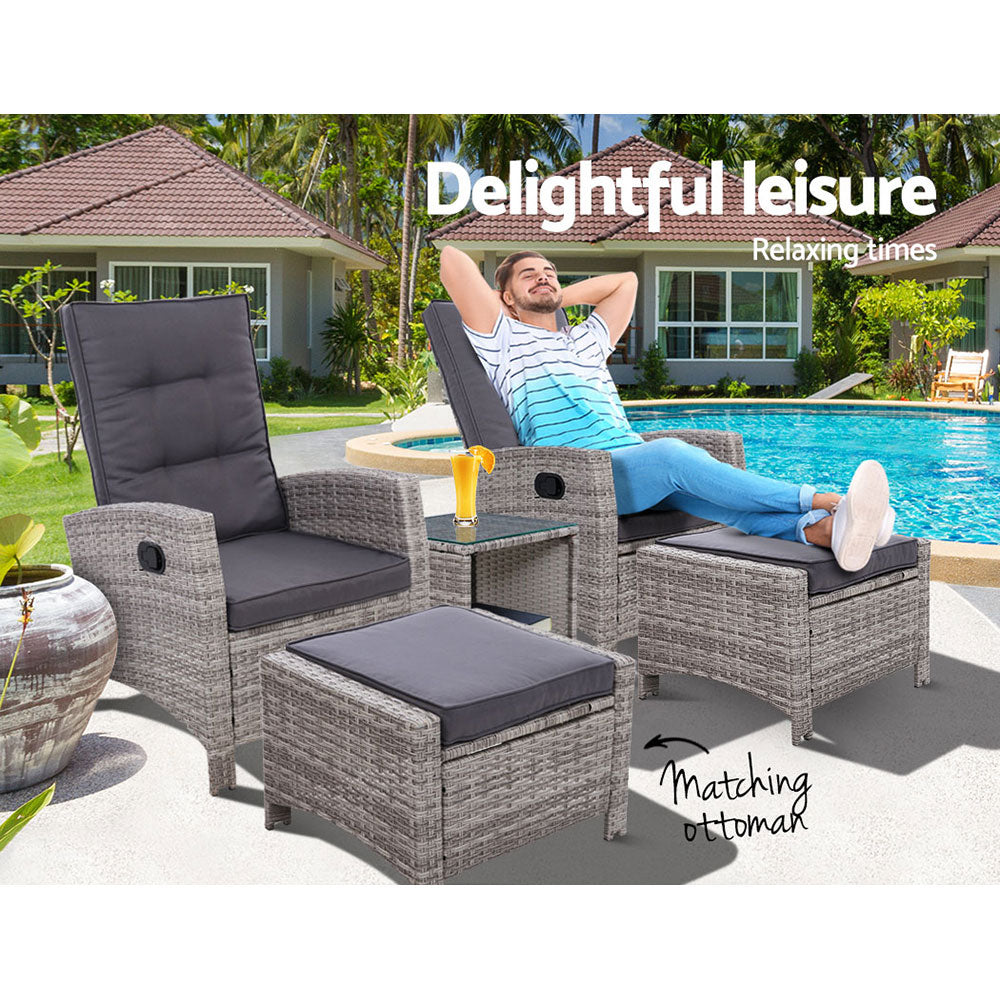 Ross 5-Piece Recliner Chair Outdoor Furniture Setting Patio Wicker Sofa Chair and Ottoman - Grey