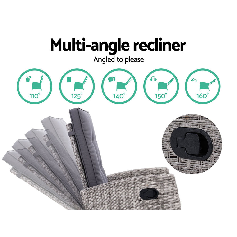Ross 5-Piece Recliner Chair Outdoor Furniture Setting Patio Wicker Sofa Chair and Ottoman - Grey