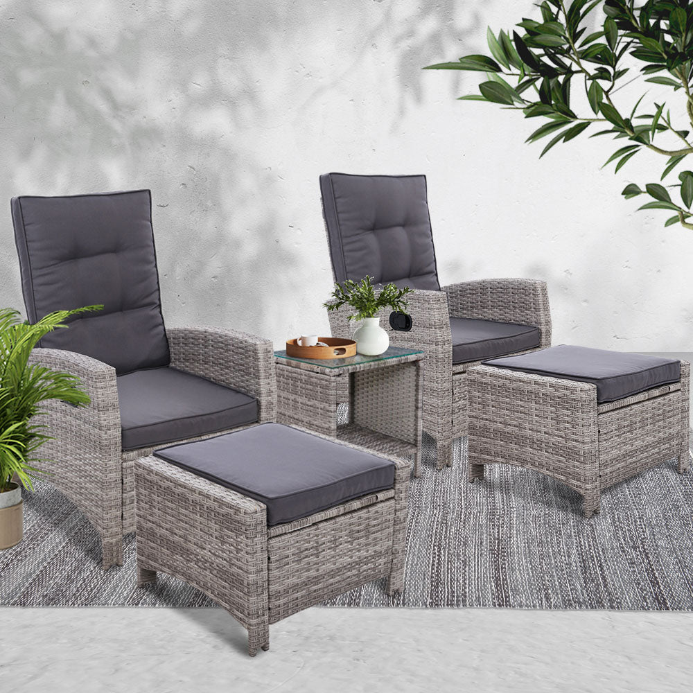 Ross 5-Piece Recliner Chair Outdoor Furniture Setting Patio Wicker Sofa Chair and Ottoman - Grey