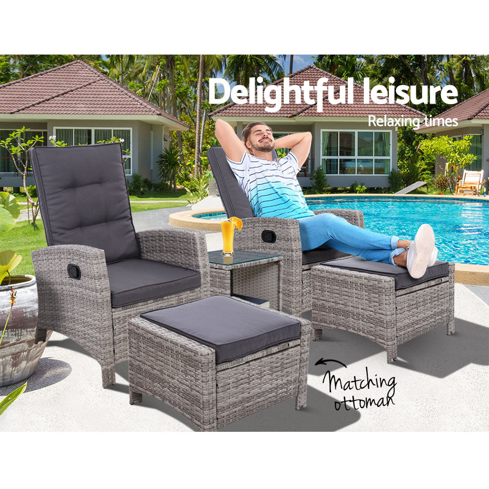 Ross 5-Piece Recliner Chair Outdoor Furniture Setting Patio Wicker Sofa Chair and Ottoman - Grey