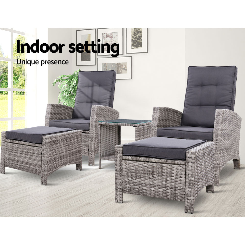 Ross 5-Piece Recliner Chair Outdoor Furniture Setting Patio Wicker Sofa Chair and Ottoman - Grey