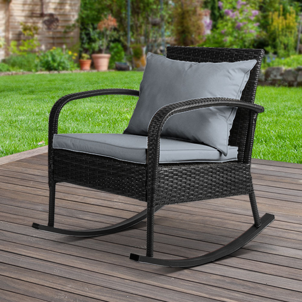 Eliza Outdoor Furniture Rocking Chair Wicker Garden Patio Lounge Setting - Black