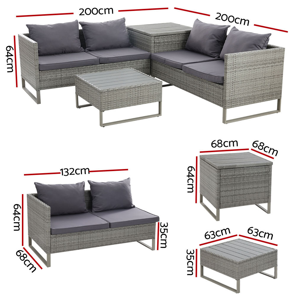 Walter 4-Seater Furniture Garden Couch Patio Wicker Table Chairs 4-Piece Outdoor Sofa - Grey