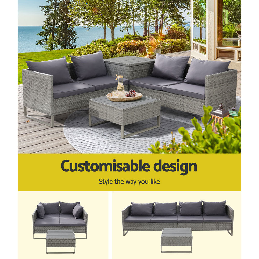 Walter 4-Seater Furniture Garden Couch Patio Wicker Table Chairs 4-Piece Outdoor Sofa - Grey