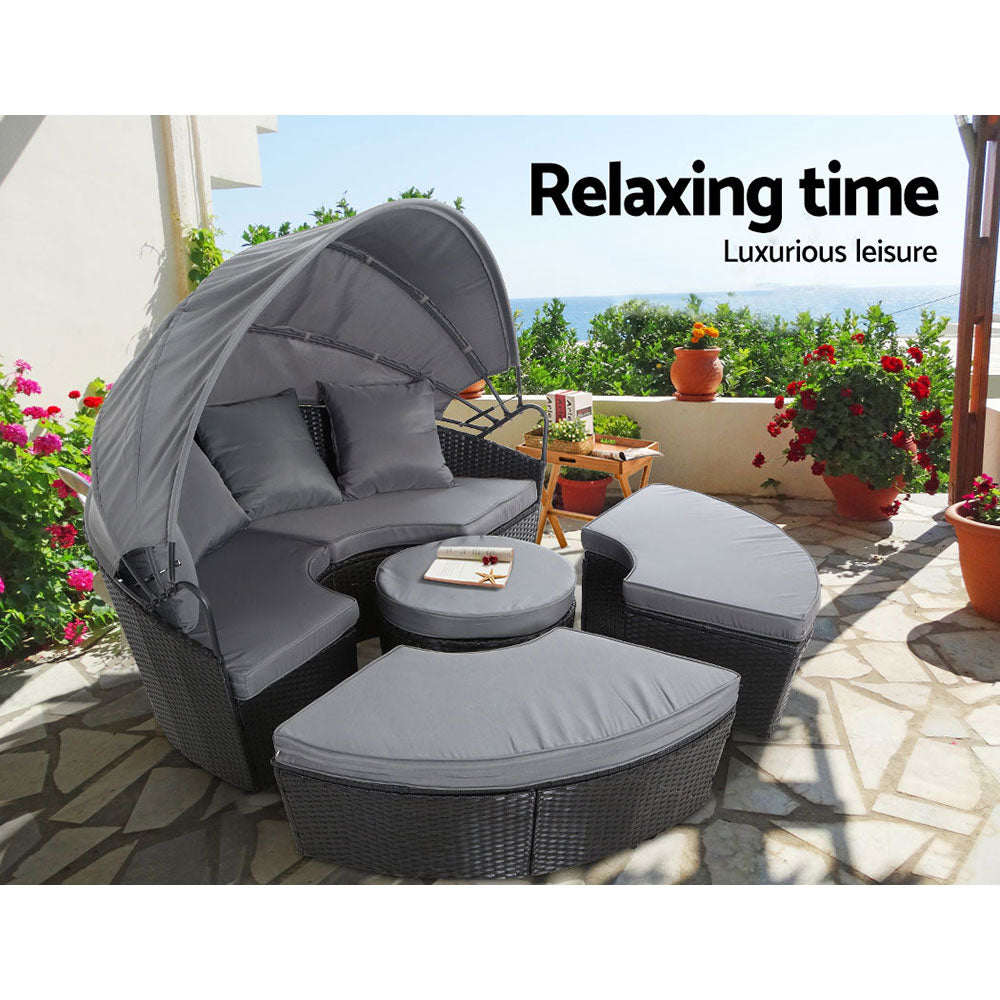 Tadcaster Outdoor Lounge Setting Sofa Patio Furniture Wicker Garden Rattan Set Day Bed - Black