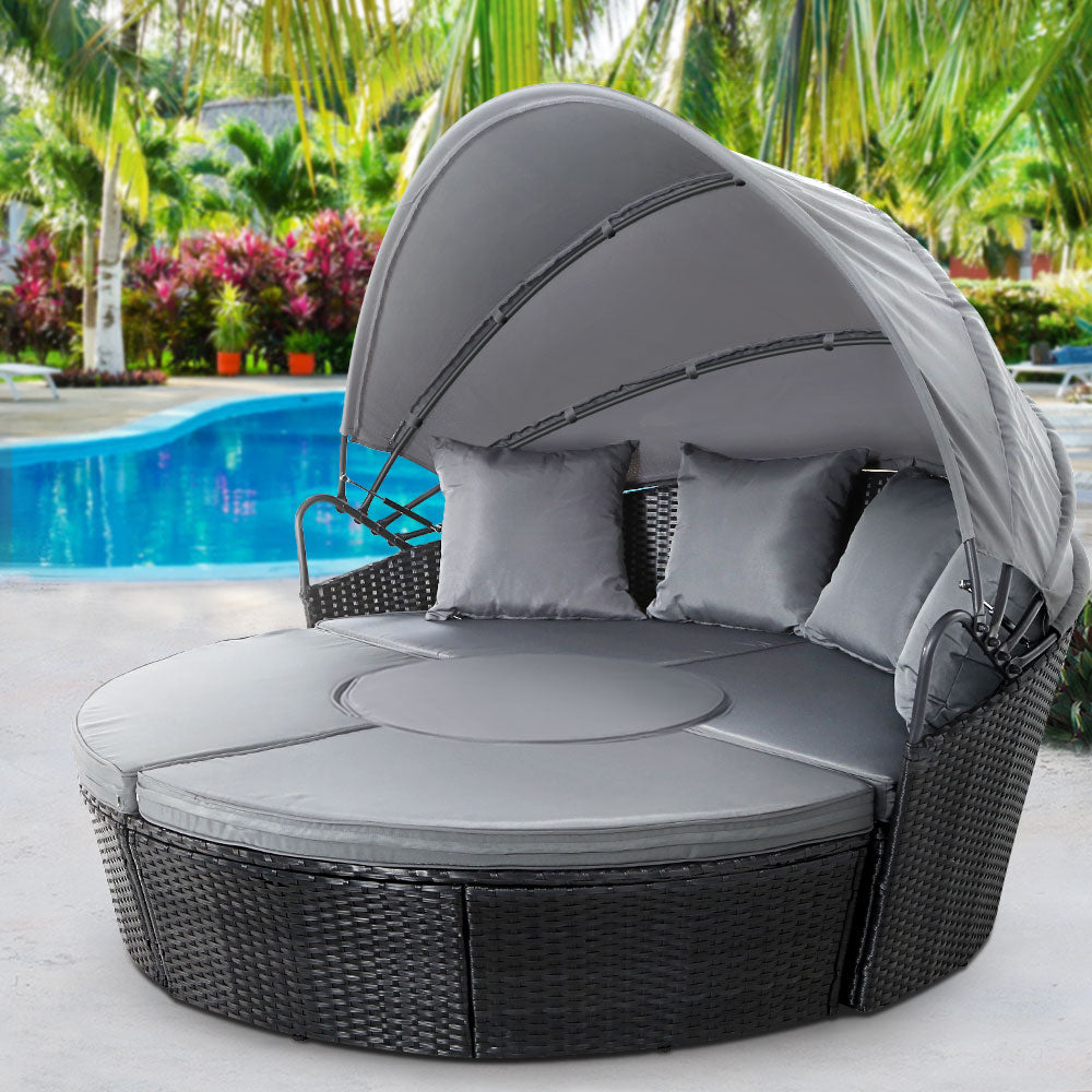 Tadcaster Outdoor Lounge Setting Sofa Patio Furniture Wicker Garden Rattan Set Day Bed - Black