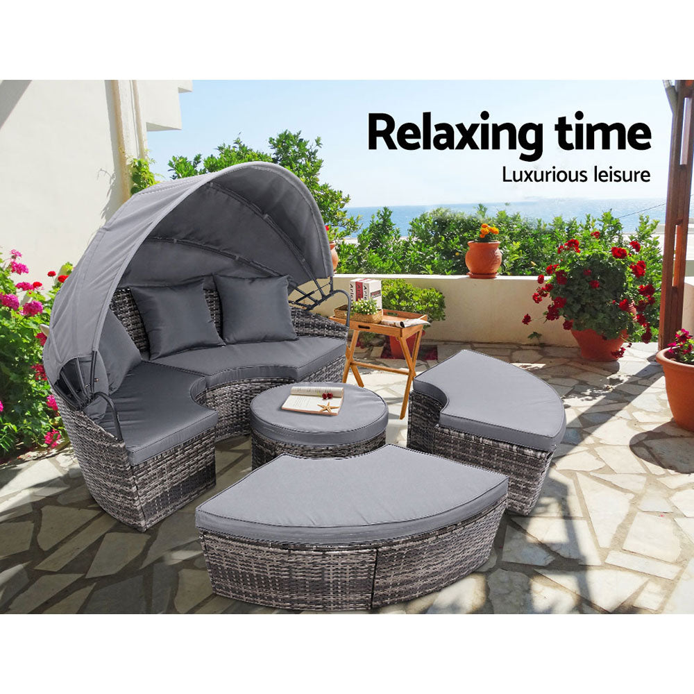 Tadcaster Outdoor Lounge Setting Sofa Patio Furniture Wicker Garden Rattan Set Day Bed - Grey