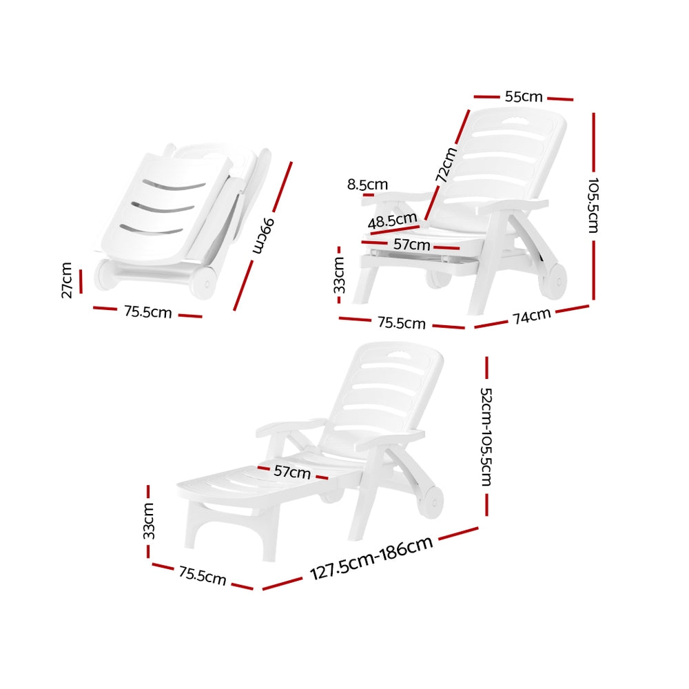 Nemy Sun Lounger Folding Chaise Lounge Chair Wheels Patio Outdoor Furniture - White