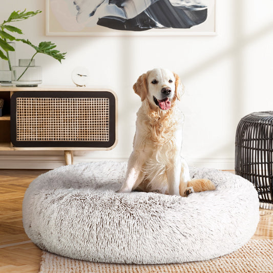 LARGE Dog Beds Pet 90cm Calming Soft Plush - White Brown