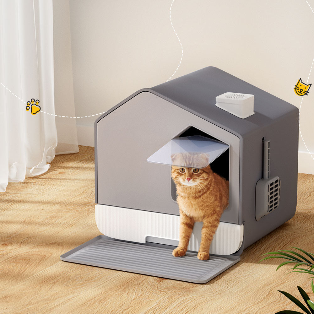 Cat Litter Box Large Tray Kitty Toilet Fully Enclosed House Hooded Scoop Mat - Grey