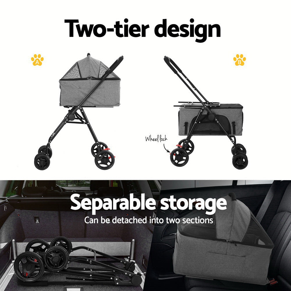 Pet Stroller 2-tier Dog Pram Large Cat Carrier Travel Pushchair Foldable