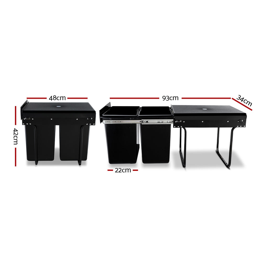 Pull Out Bin Kitchen Double Basket 2X20L Black