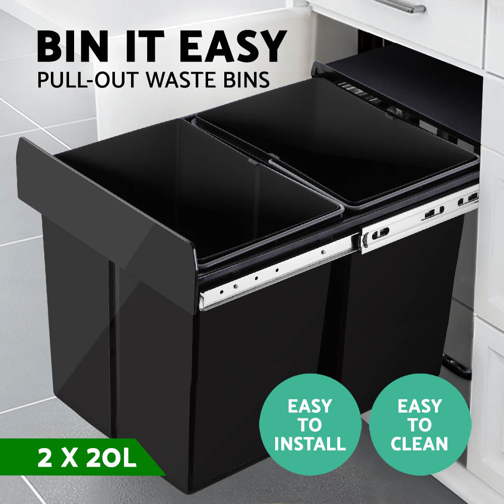 Pull Out Bin Kitchen Double Basket 2X20L Black