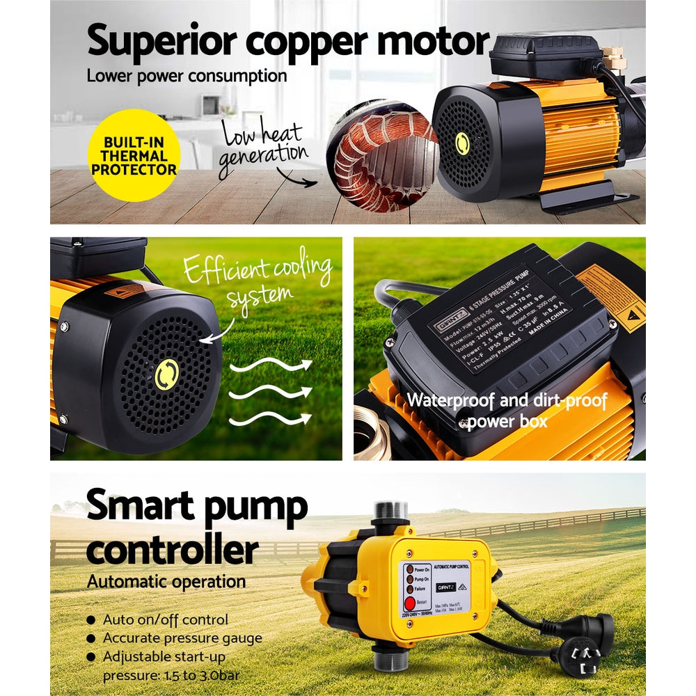 Garden Water Pump High Pressure 2500W 6-Stage Tank Irrigation - Yellow