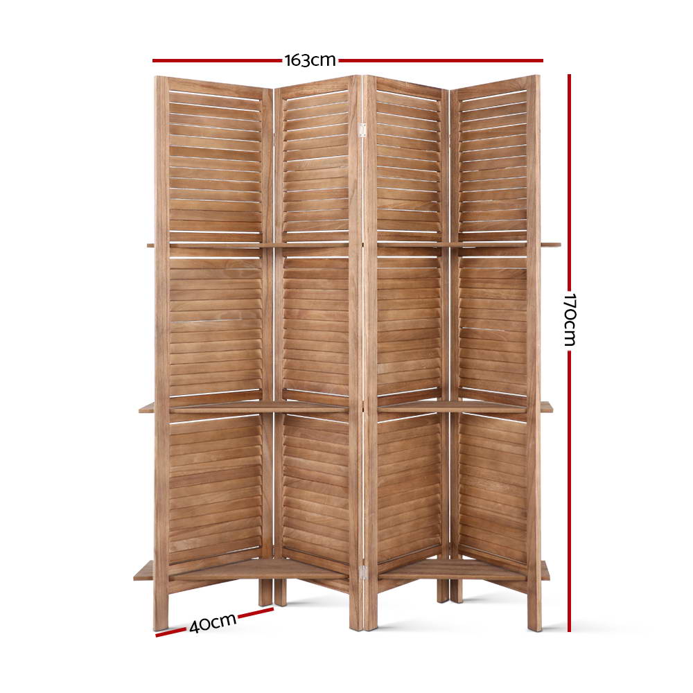 4 Panel Room Divider Screen 163x170cm Shelf - Oak