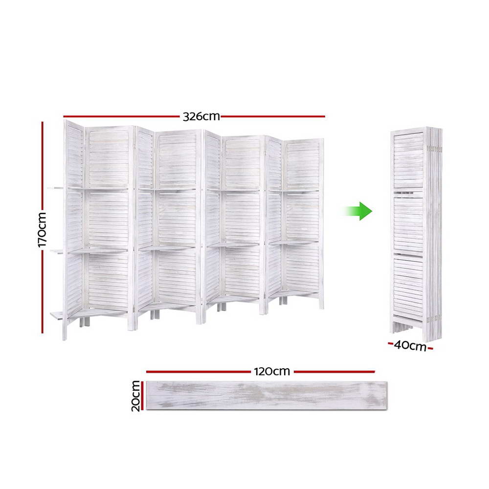 8 Panel Room Divider Screen 326x170cm Shelf - White