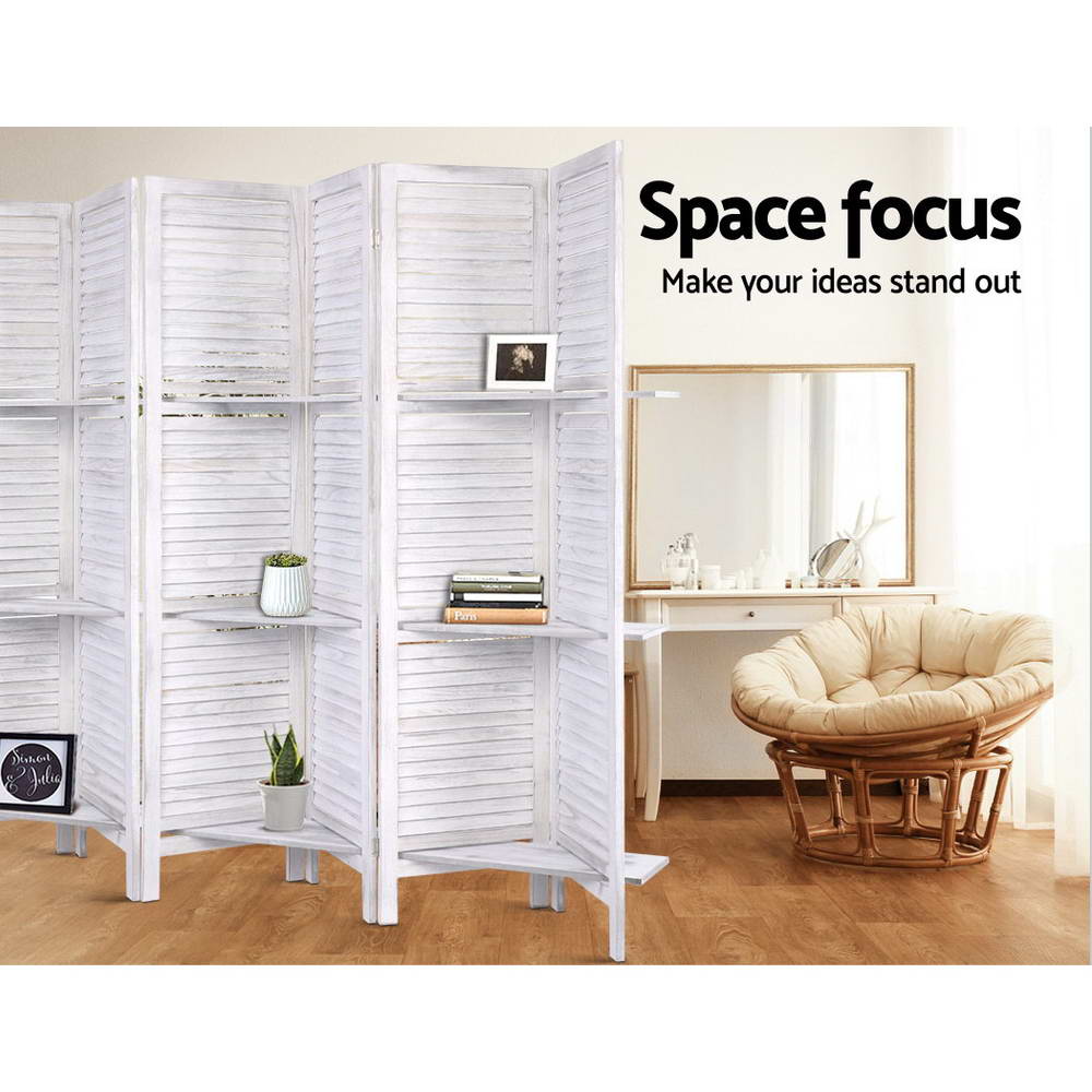 8 Panel Room Divider Screen 326x170cm Shelf - White