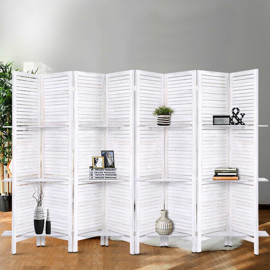 8 Panel Room Divider Screen 326x170cm Shelf - White