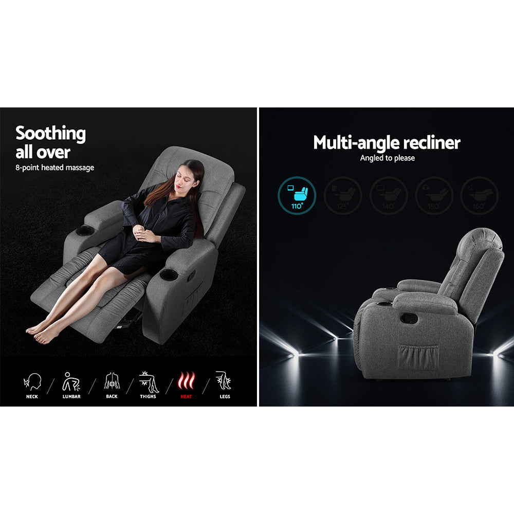 Artemis Recliner Chair Electric Massage Chair Fabric Lounge Heated - Grey