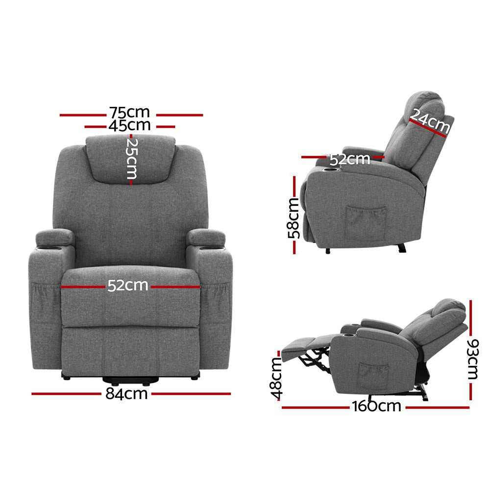 Ambrosia Electric Massage Chair Recliner Lift Motor Armchair Heating Fabric - Grey