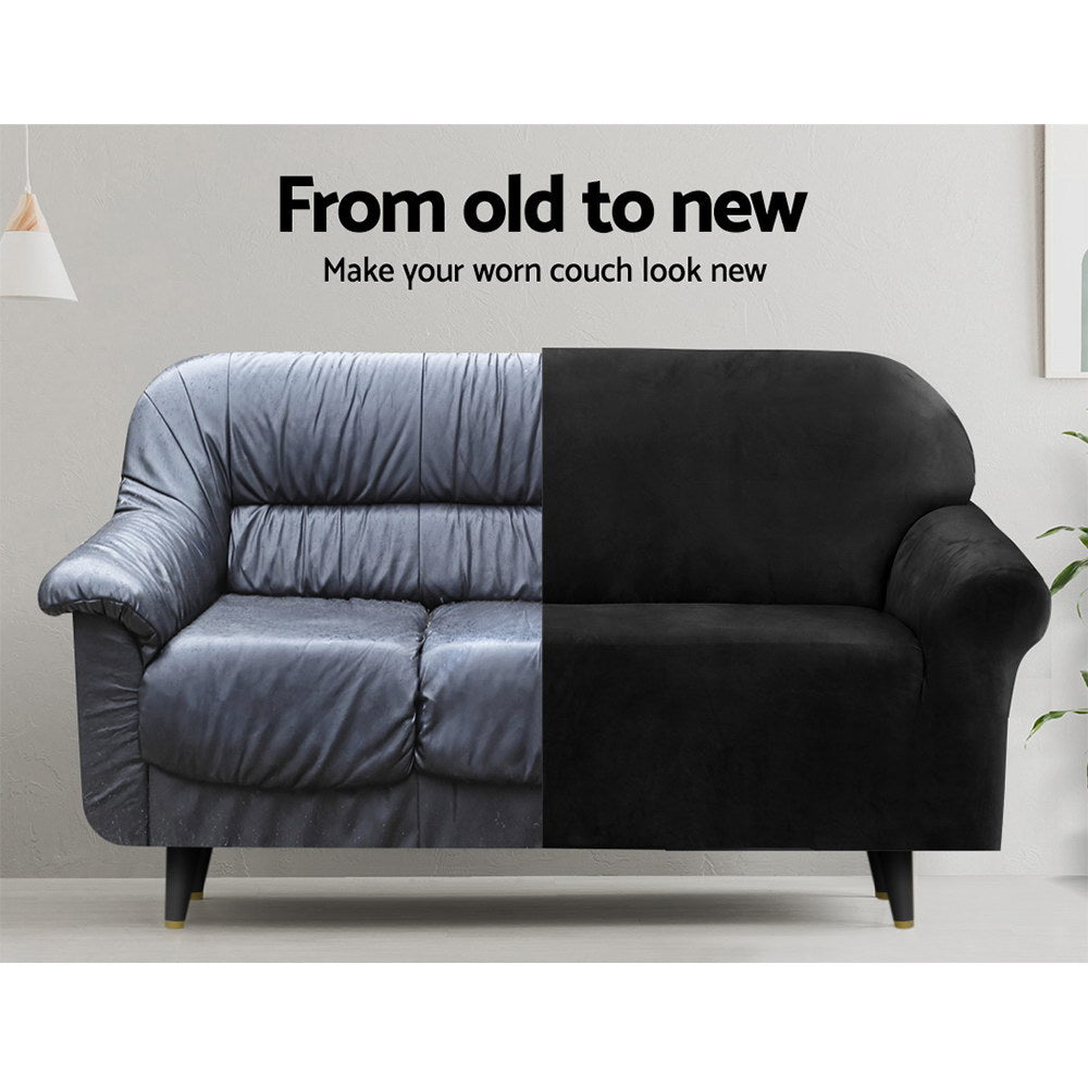 Velvet Sofa Cover Plush Couch Cover Lounge Slipcover 4-Seater Black