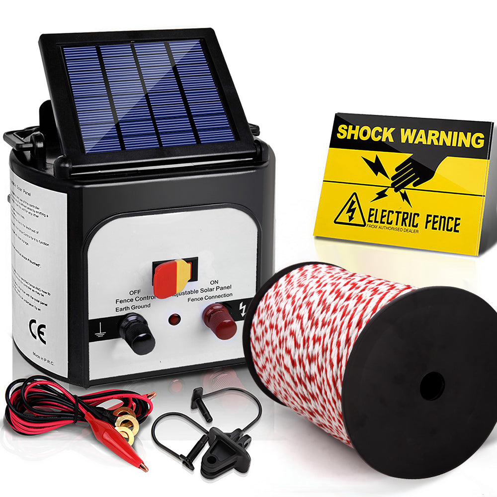 Electric Fence Energiser 8km Solar Powered Charger + 500m Polytape Rope