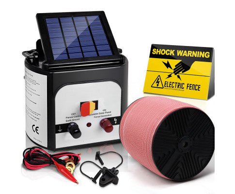 Electric Fence Energiser 8km Solar Powered Energizer Charger + 1200m Tape