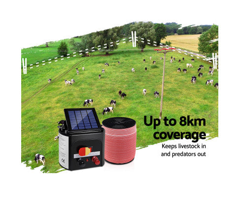 Electric Fence Energiser 8km Solar Powered Energizer Charger + 1200m Tape