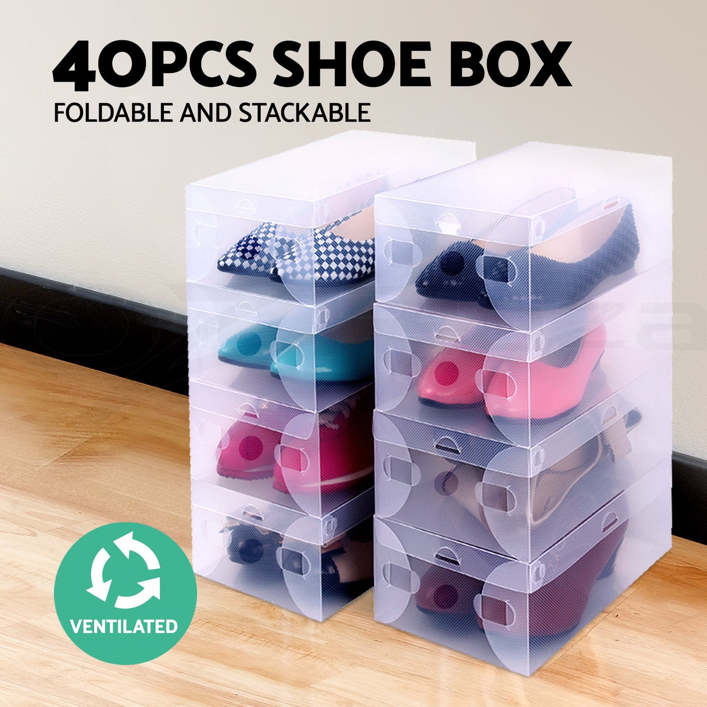 Set of 40 Clear Shoe Box Transparent Foldable Shoe Storage Stackable Case