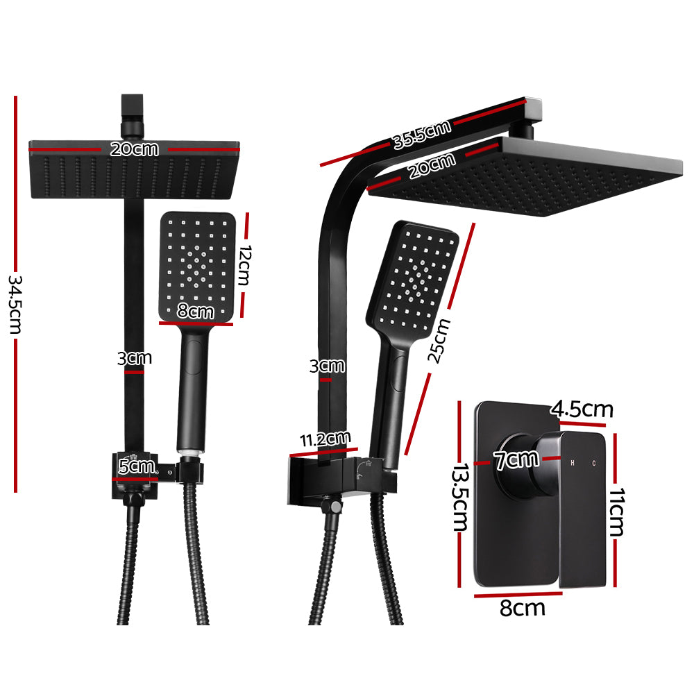 8'' Rain Shower Head Set Handheld Square High Pressure Mixer Tap - Black