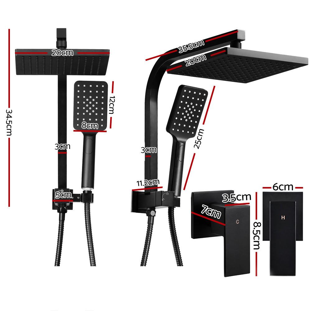 8'' Rain Shower Head Set Handheld Square High Pressure Twins Tap - Black