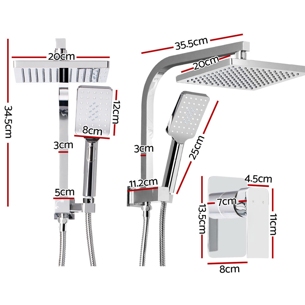 8'' Rain Shower Head Set Handheld Square High Pressure Mixer Tap - Chrome