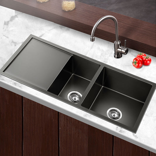 Kitchen Sink 100X45CM Stainless Steel Basin Double Bowl Laundry Black