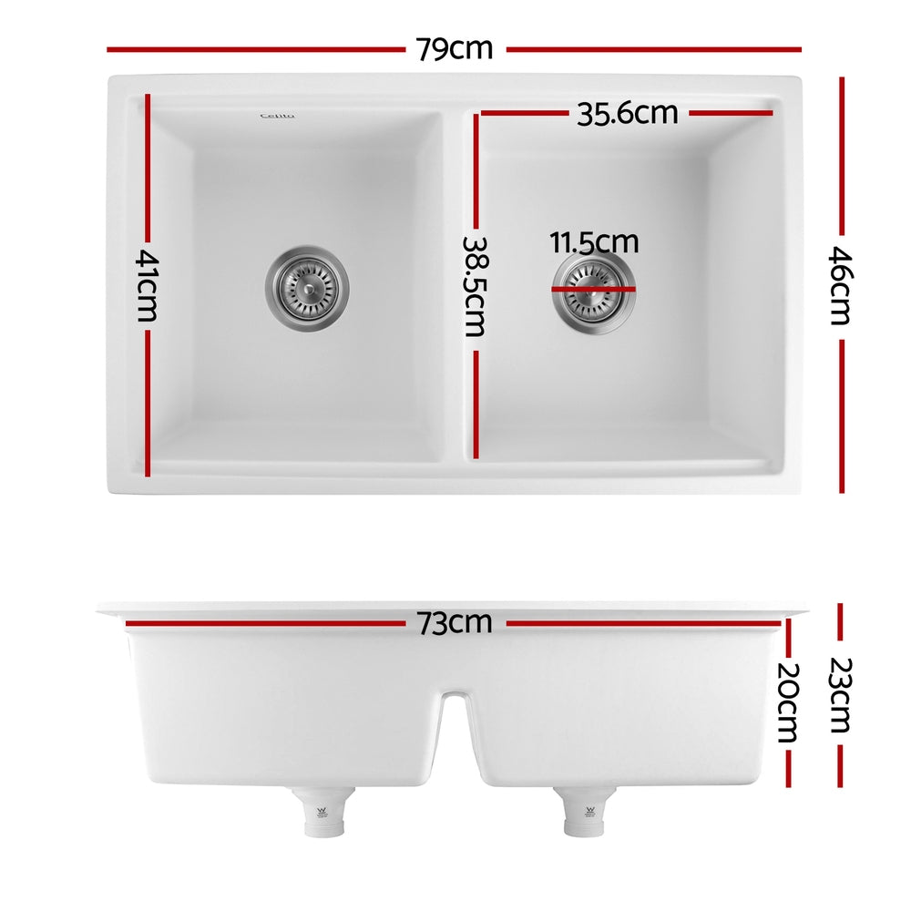 Kitchen Sink Stone Sink Granite Laundry Basin Double Bowl 79cmx46cm - White
