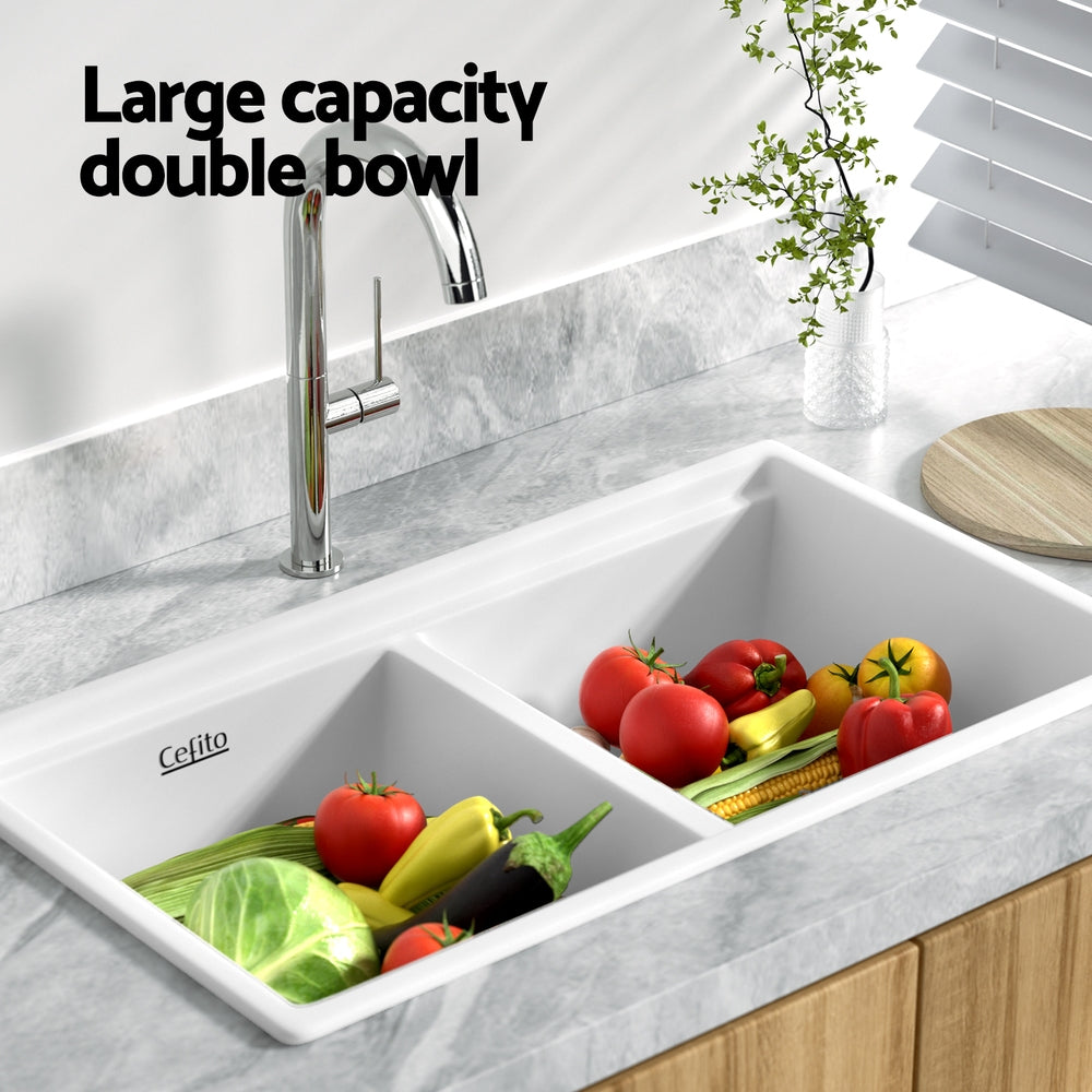 Kitchen Sink Stone Sink Granite Laundry Basin Double Bowl 79cmx46cm - White
