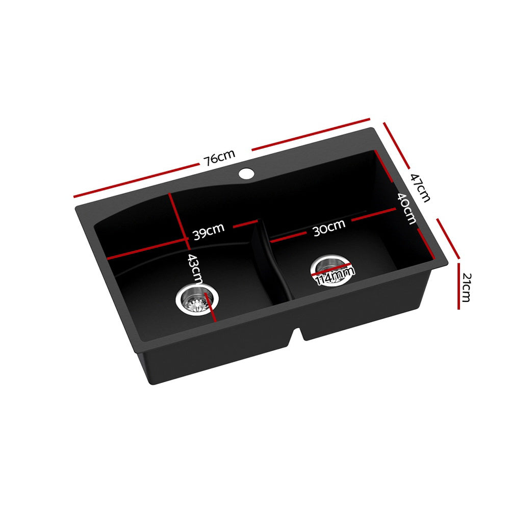 Kitchen Sink 76x47cm Granite Stone Basin Double Bowl Laundry - Black