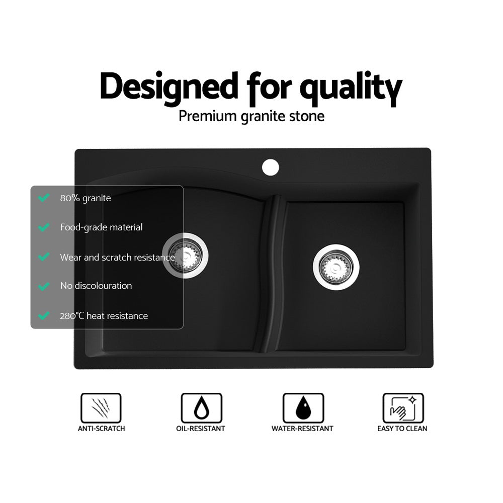 Kitchen Sink 76x47cm Granite Stone Basin Double Bowl Laundry - Black