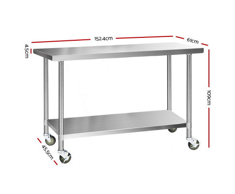 304 Stainless Steel Kitchen Benches Work Bench Food Prep Table with Wheels 1524Mmx610MM