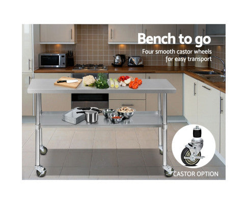 304 Stainless Steel Kitchen Benches Work Bench Food Prep Table with Wheels 1524Mmx610MM