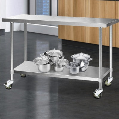 304 Stainless Steel Kitchen Benches Work Bench Food Prep Table with Wheels 1524Mmx610MM