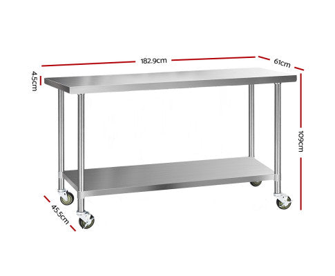 304 Stainless Steel Kitchen Benches Work Bench Food Prep Table with Wheels 1829Mmx610MM