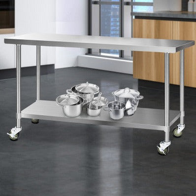 304 Stainless Steel Kitchen Benches Work Bench Food Prep Table with Wheels 1829Mmx610MM