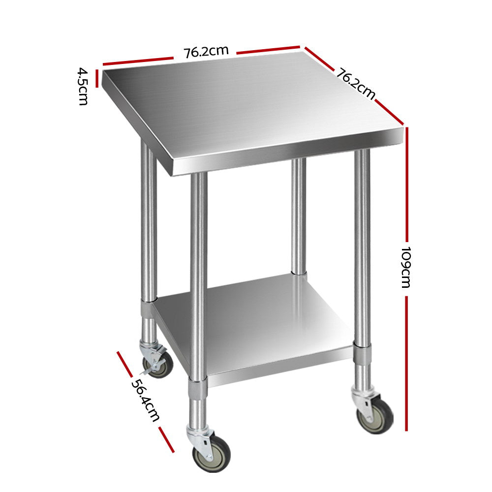 762x762mm Commercial Stainless Steel Kitchen Bench with 4pcs Castor Wheels