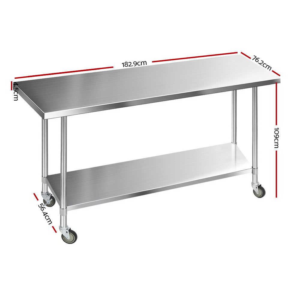 1829x762mm Commercial Stainless Steel Kitchen Bench with 4pcs Castor Wheels