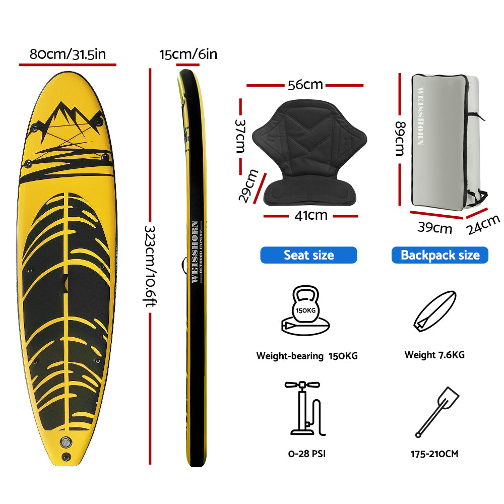 Stand Up Paddle Board 10.6ft Inflatable SUP Surfboard Paddleboard Kayak Surf - Yellow